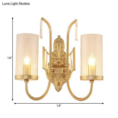 Country Clear Glass Wall Sconce With Curved Arm - Gold Cylinder Surface Lighting For Living Room
