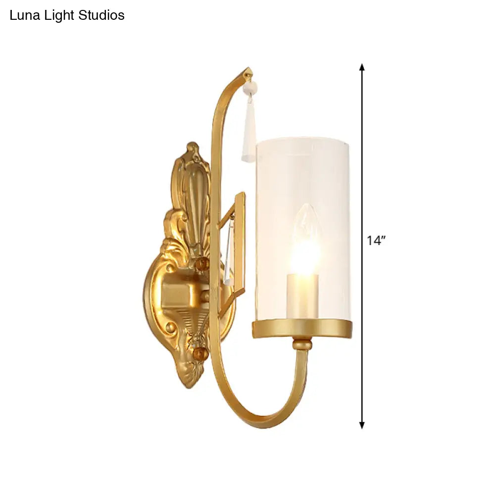 Country Clear Glass Wall Sconce With Curved Arm - Gold Cylinder Surface Lighting For Living Room