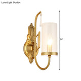 Country Clear Glass Wall Sconce With Curved Arm - Gold Cylinder Surface Lighting For Living Room
