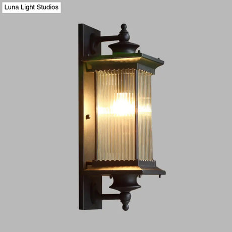 Country Clear Ribbed Glass 1-Head Outdoor Sconce Light For Gates - Black/Bronze/Coffee Wall Lamp
