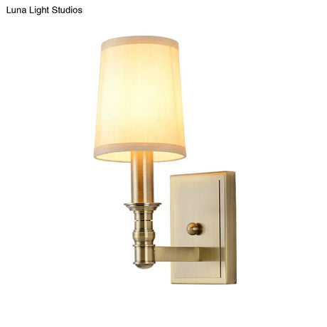 Country Corridor Wall Light Fixture With Brass Frame And Cylinder Fabric Shade