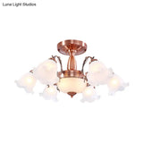 Country Cream Glass Flower Shape Semi Flush Mount Lamp - Copper Lighting (3/5/8 Lights)