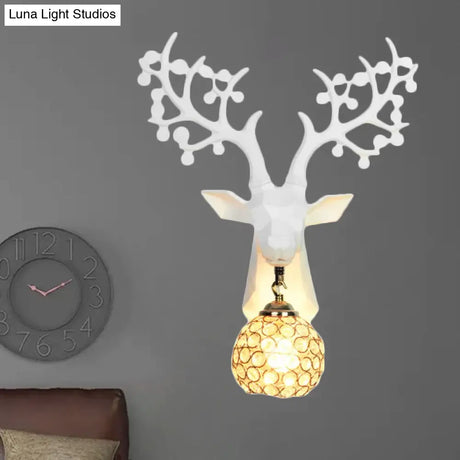Country Crystal Orb Wall Lamp: Elegant Bedroom Sconce With Elk Resin Backplate - 1 Light White/Gold