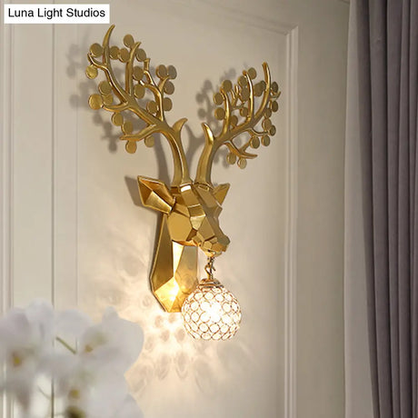 Country Crystal Orb Wall Lamp: Elegant Bedroom Sconce With Elk Resin Backplate - 1 Light White/Gold
