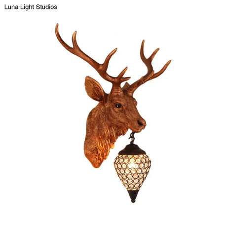 Country Crystal Wall Sconce Lamp With Deer Head Teardrop Beveled Design - 15/20.5/24.5 Wide 1