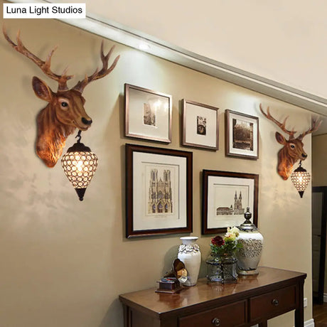 Country Crystal Wall Sconce Lamp With Deer Head Teardrop Beveled Design - 15/20.5/24.5 Wide 1