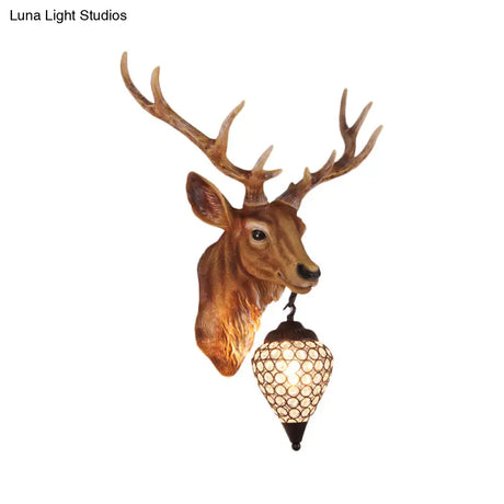Country Crystal Wall Sconce Lamp With Deer Head Teardrop Beveled Design - 15/20.5/24.5 Wide 1