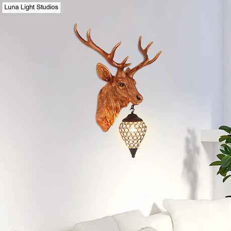 Country Crystal Wall Sconce Lamp With Deer Head Teardrop Beveled Design - 15/20.5/24.5 Wide 1