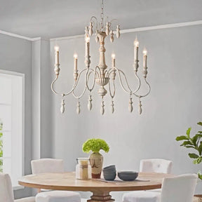 Country Distressed White Wood Chandelier Lighting - 6 Heads Swooping Arm Ceiling-Hung