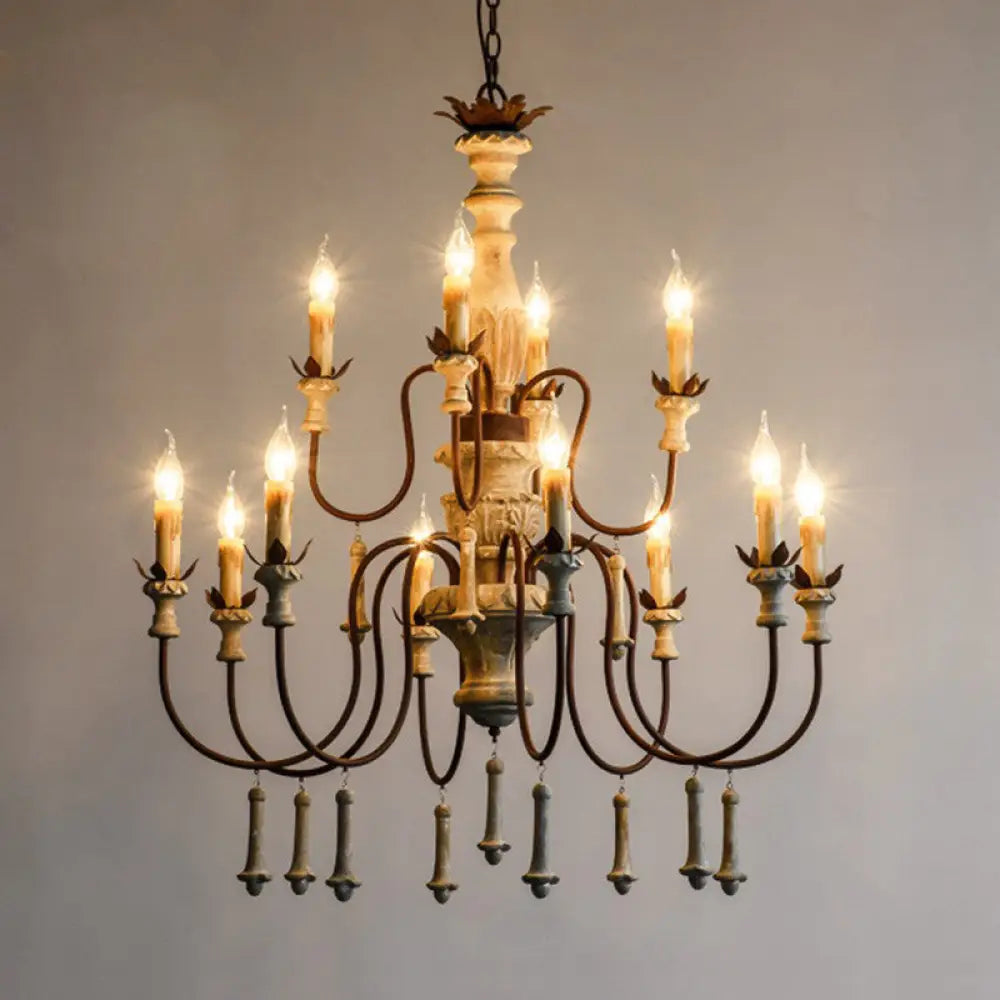 Country Distressed Wood Pendant Chandelier With Scrolled Arm - Living Room Hanging Light Kit 12 /