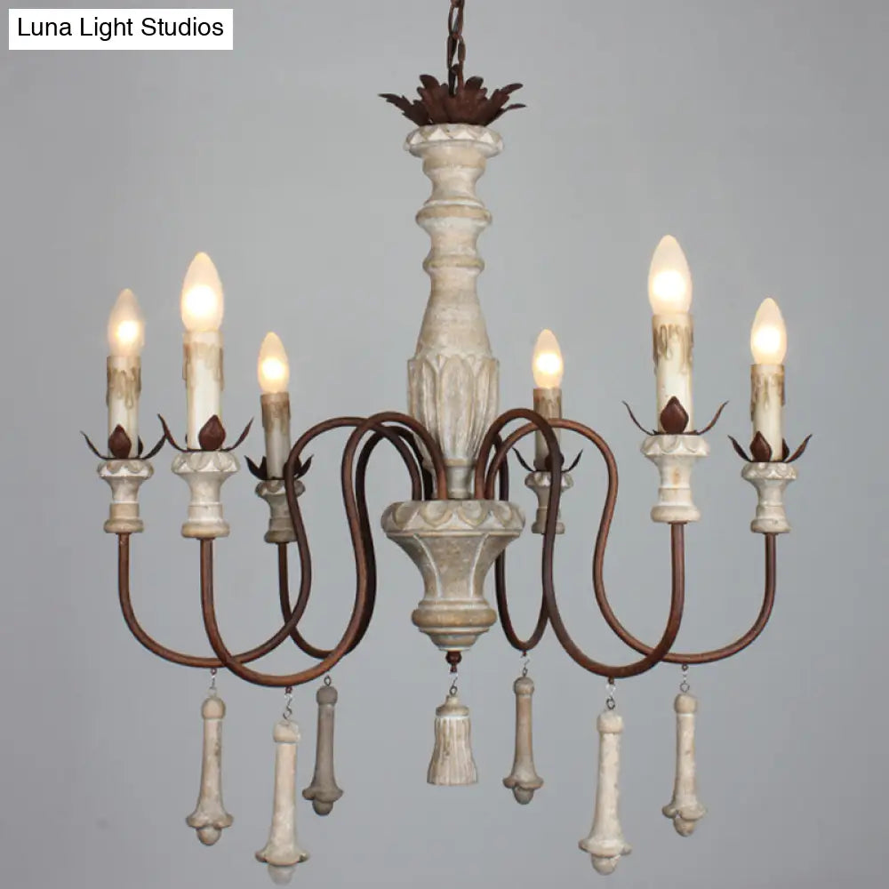 Country Distressed Wood Pendant Chandelier With Scrolled Arm - Living Room Hanging Light Kit