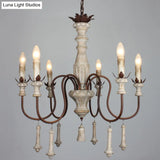 Country Distressed Wood Pendant Chandelier With Scrolled Arm - Living Room Hanging Light Kit
