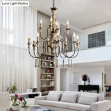 Country Distressed Wood Pendant Chandelier With Scrolled Arm - Living Room Hanging Light Kit