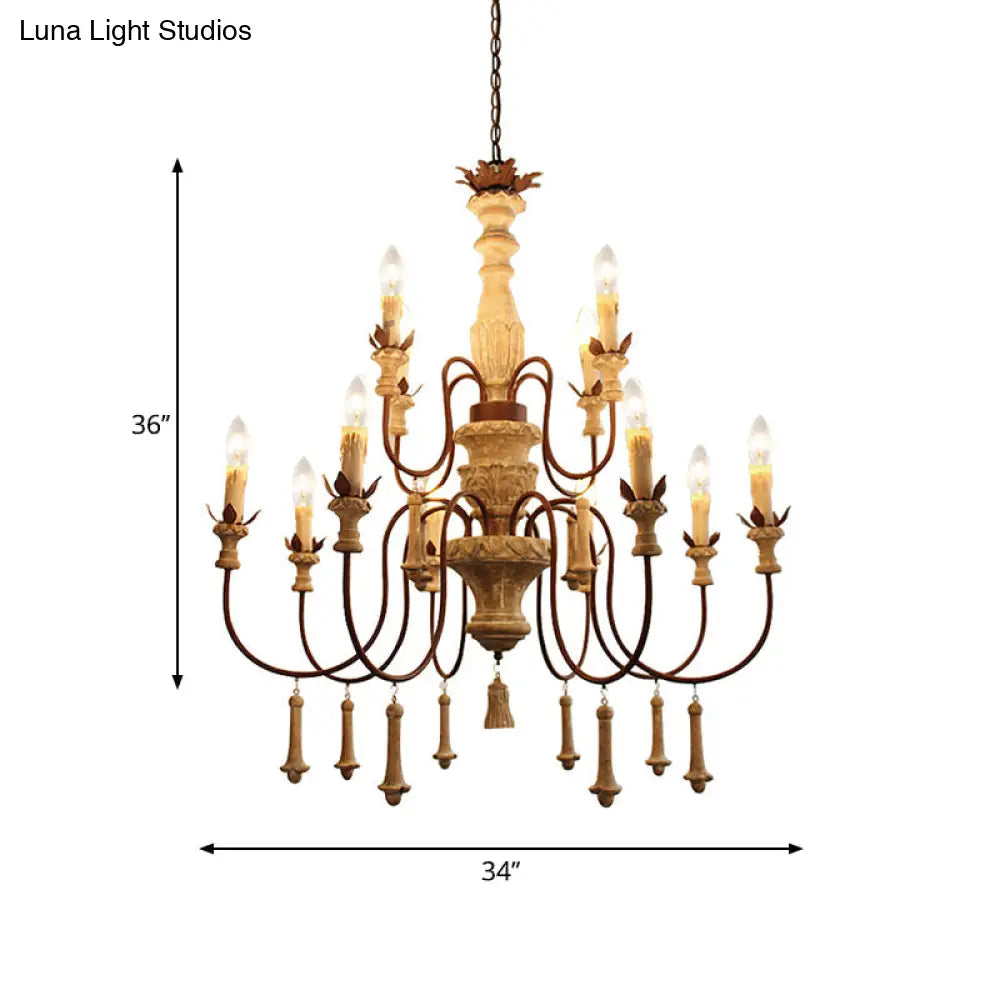 Country Distressed Wood Pendant Chandelier With Scrolled Arm - Living Room Hanging Light Kit