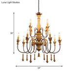 Country Distressed Wood Pendant Chandelier With Scrolled Arm - Living Room Hanging Light Kit