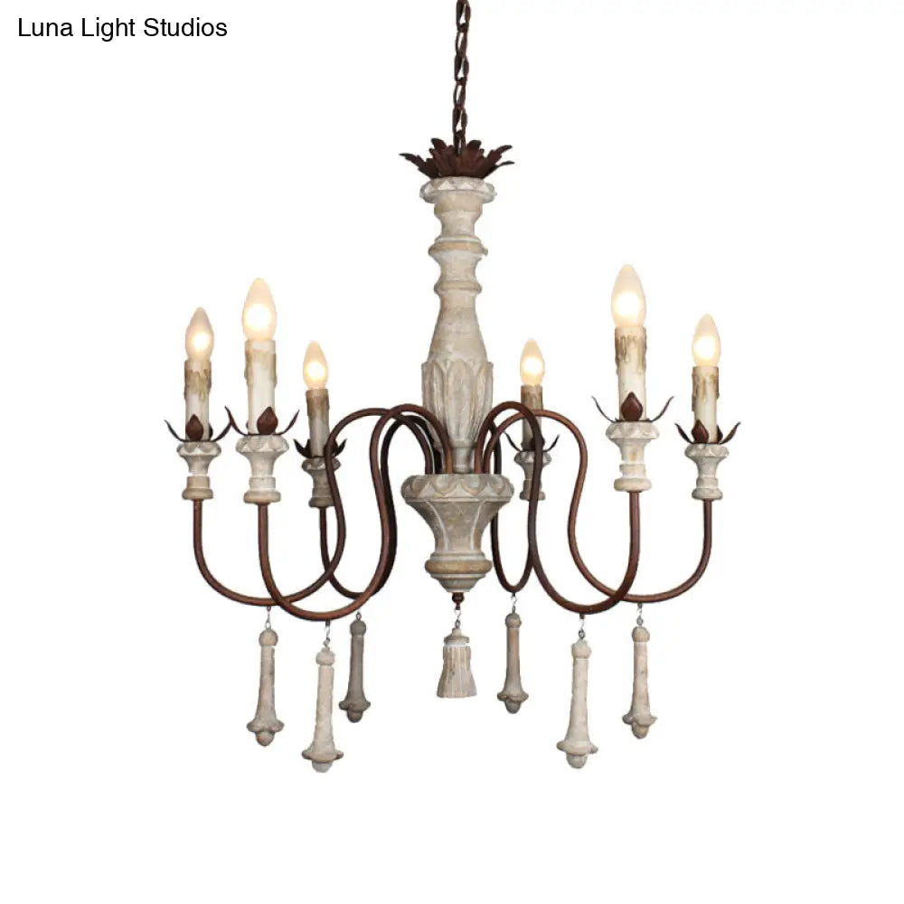Country Distressed Wood Pendant Chandelier With Scrolled Arm - Living Room Hanging Light Kit