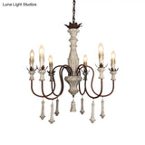 Country Distressed Wood Pendant Chandelier With Scrolled Arm - Living Room Hanging Light Kit