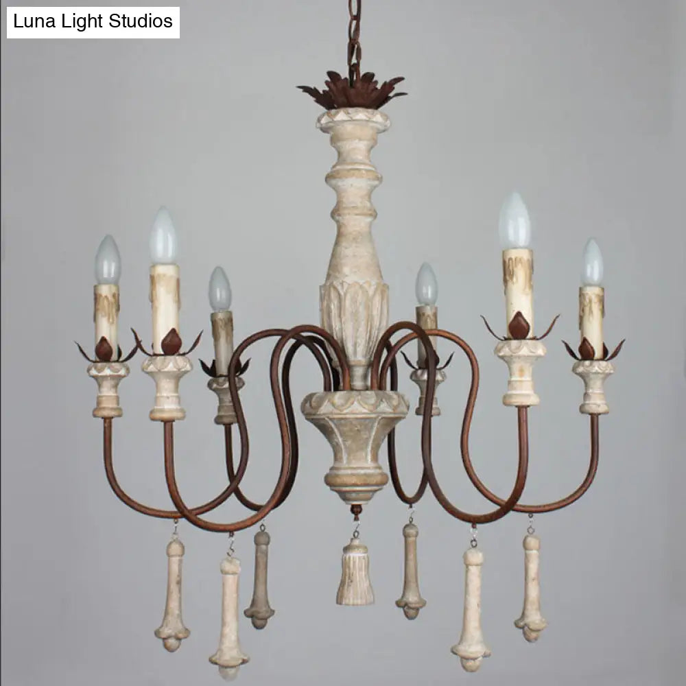 Country Distressed Wood Pendant Chandelier With Scrolled Arm - Living Room Hanging Light Kit
