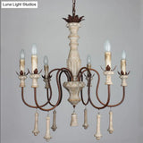 Country Distressed Wood Pendant Chandelier With Scrolled Arm - Living Room Hanging Light Kit