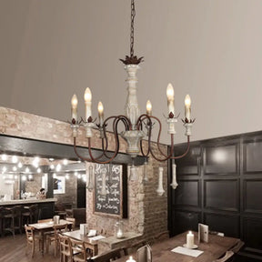 Country Distressed Wood Pendant Chandelier With Scrolled Arm - Living Room Hanging Light Kit 6 /