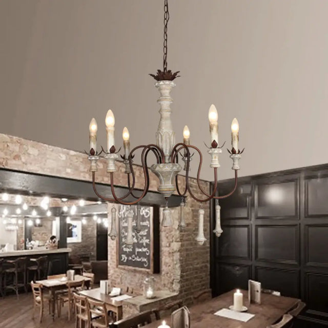 Country Distressed Wood Pendant Chandelier With Scrolled Arm - Living Room Hanging Light Kit 6 /