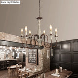 Country Distressed Wood Pendant Chandelier With Scrolled Arm - Living Room Hanging Light Kit