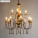 Country Distressed Wood Pendant Chandelier With Scrolled Arm - Living Room Hanging Light Kit