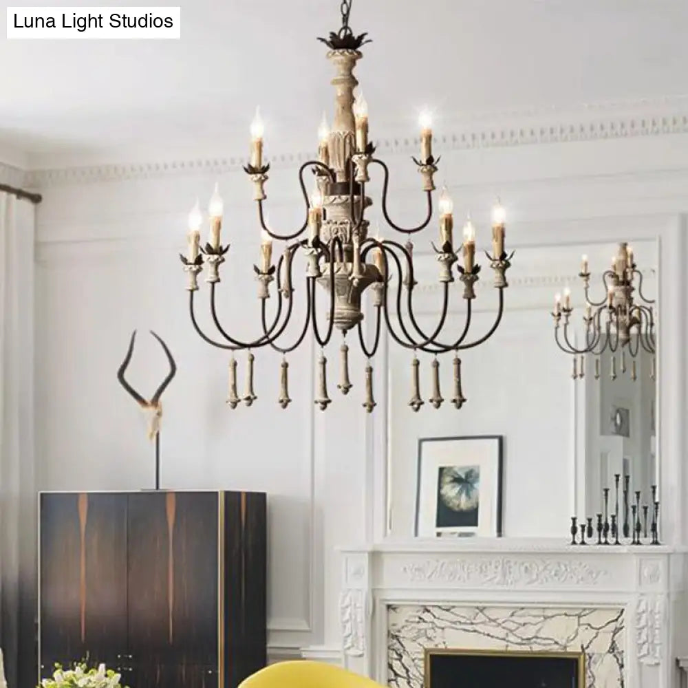 Country Distressed Wood Pendant Chandelier With Scrolled Arm - Living Room Hanging Light Kit