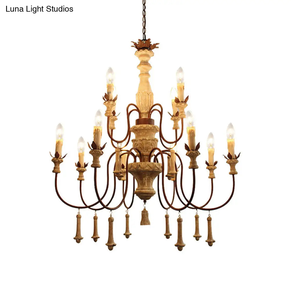 Country Distressed Wood Pendant Chandelier With Scrolled Arm - Living Room Hanging Light Kit