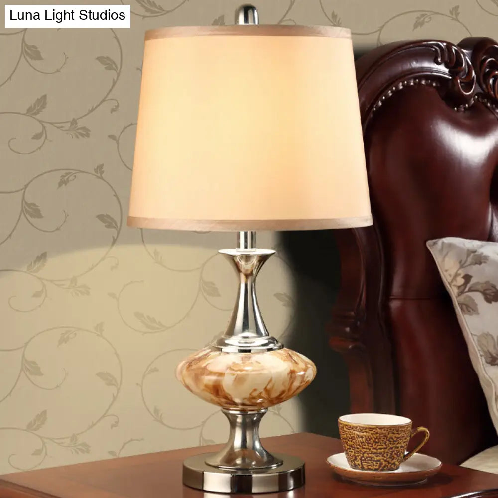 Country Drum Nightstand Light With Bellied Base In Nickel - 1-Light Fabric Table Lighting