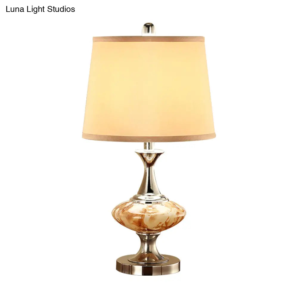 Country Drum Nightstand Light With Bellied Base In Nickel - 1-Light Fabric Table Lighting