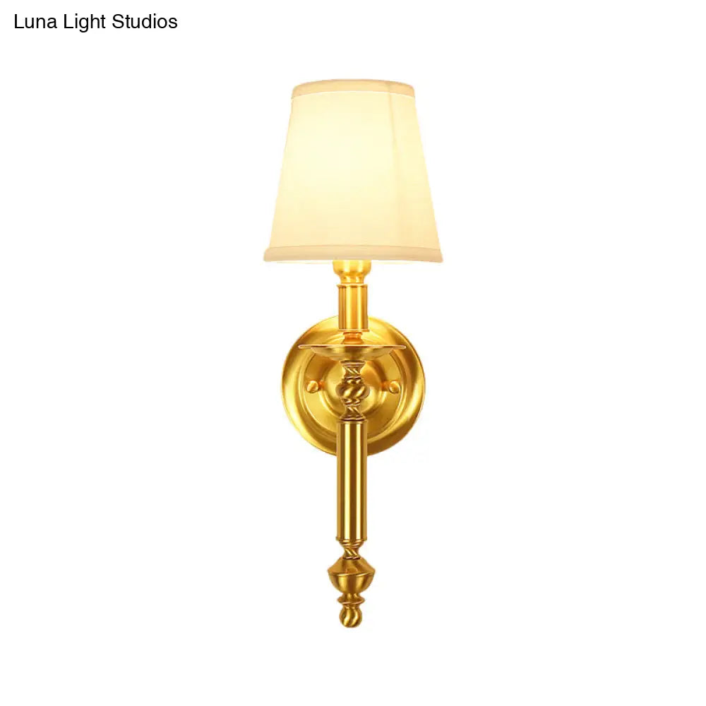 Country Fabric Tapered Wall Lighting: Single Light Brass Mounted Lamp With Metallic Arm
