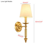 Country Fabric Tapered Wall Lighting: Single Light Brass Mounted Lamp With Metallic Arm