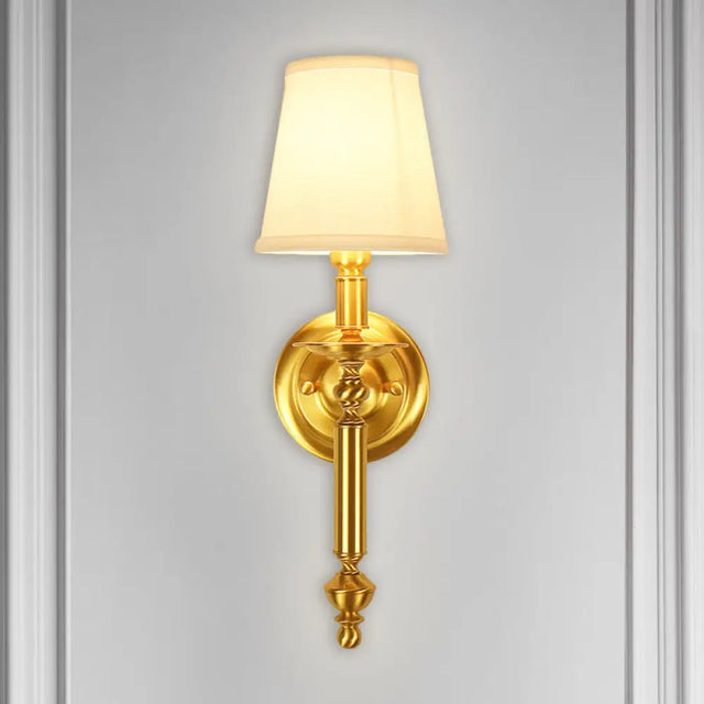 Country Fabric Tapered Wall Lighting: Single Light Brass Mounted Lamp With Metallic Arm