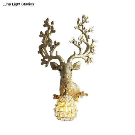 Country Gold Resin Sconce Light With Crystal Shade For Living Room