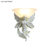 Country Half-Bowl Opal Glass Wall Sconce With Resin Angel - White/Gold