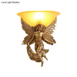 Country Half-Bowl Opal Glass Wall Sconce With Resin Angel - White/Gold