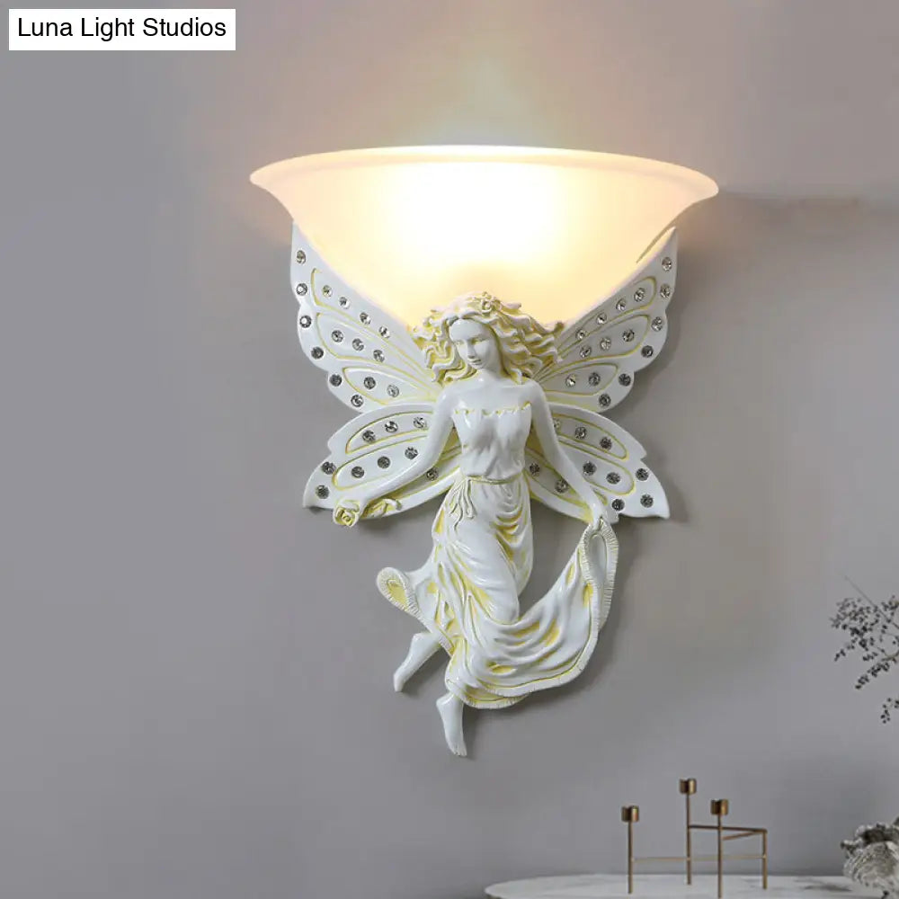 Country Half-Bowl Opal Glass Wall Sconce With Resin Angel - White/Gold