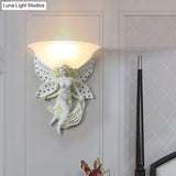 Country Half-Bowl Opal Glass Wall Sconce With Resin Angel - White/Gold