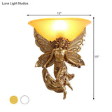 Country Half-Bowl Opal Glass Wall Sconce With Resin Angel - White/Gold