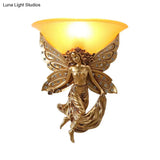 Country Half-Bowl Opal Glass Wall Sconce With Resin Angel - White/Gold