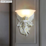 Country Half-Bowl Opal Glass Wall Sconce With Resin Angel - White/Gold