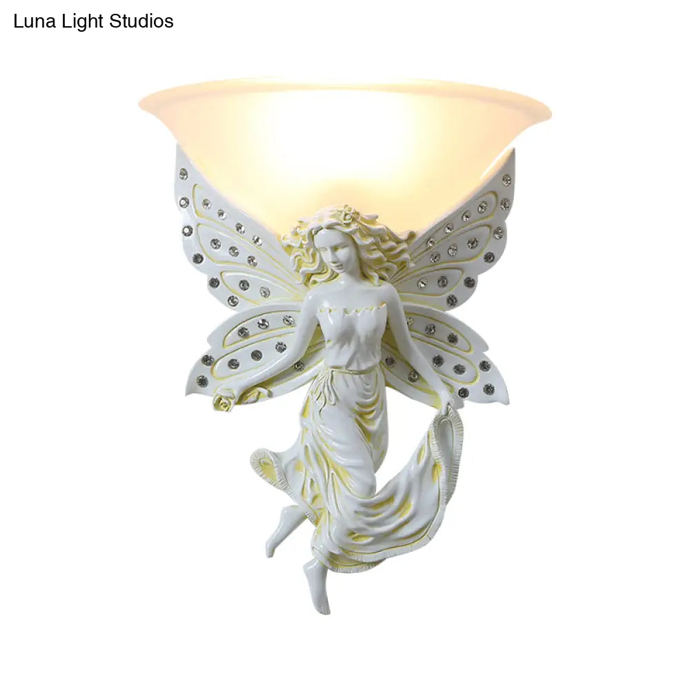 Country Half-Bowl Opal Glass Wall Sconce With Resin Angel - White/Gold