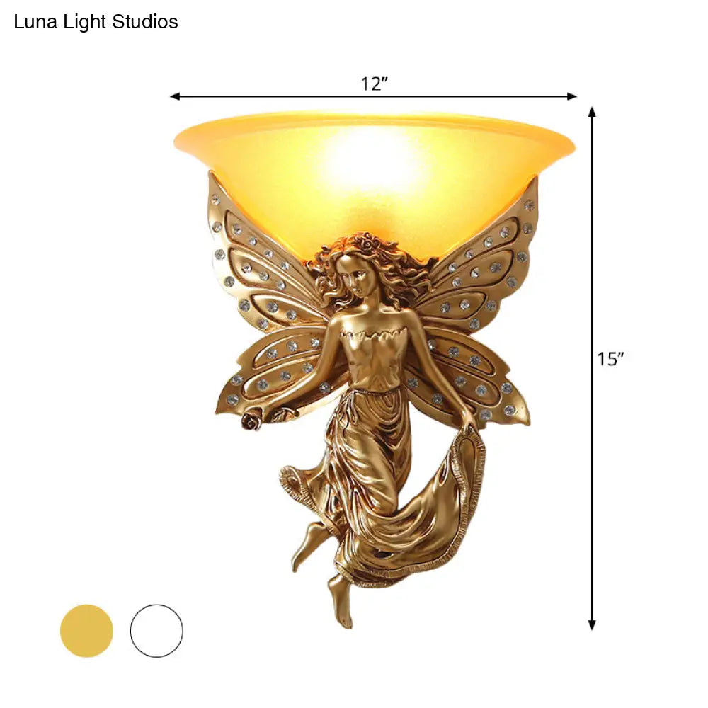 Country Half-Bowl Opal Glass Wall Sconce With Resin Angel - White/Gold