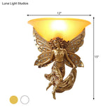 Country Half-Bowl Opal Glass Wall Sconce With Resin Angel - White/Gold