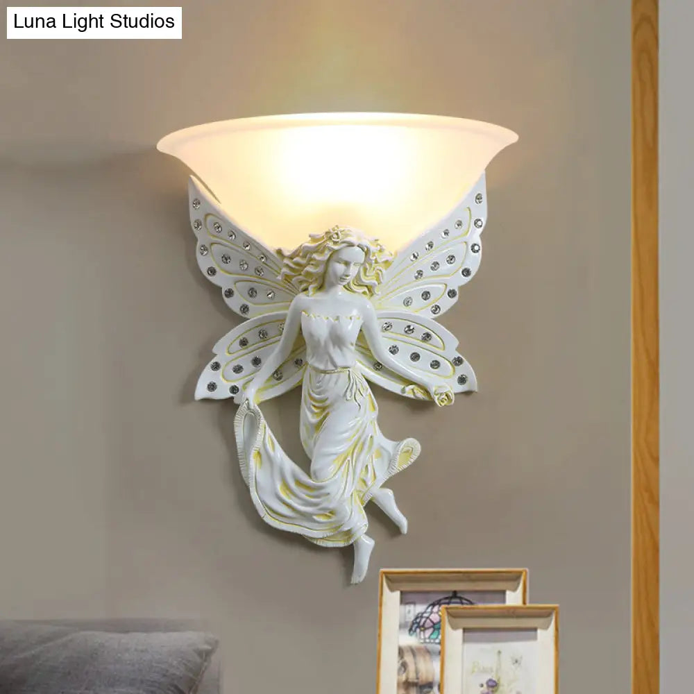Country Half-Bowl Opal Glass Wall Sconce With Resin Angel - White/Gold