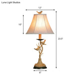 Country Khaki Table Lamp With Flared Fabric Shade - Charming Twig And Bird Accents