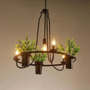 Country Metallic 4-Light Green Pendant Chandelier With Leaf Decoration - Circle Dining Room Light /