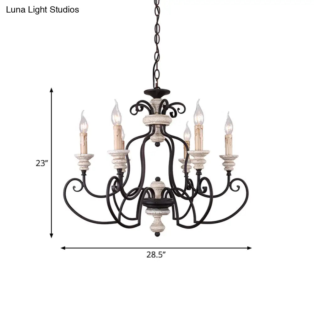 Country Rustic Metal Chandelier With 6 Candle-Style Lights - Scrolled Arms And Ceiling Suspension