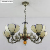Country Stained Glass Pendant Chandelier With 5-Light Bowl Fixture For Living Room